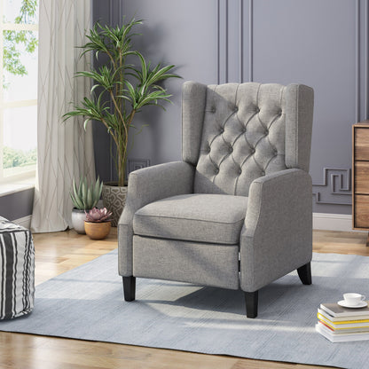 Fauteuil inclinable à oreilles rembourré en tissu gris de style milieu du siècle avec repose-pieds et dossier capitonné