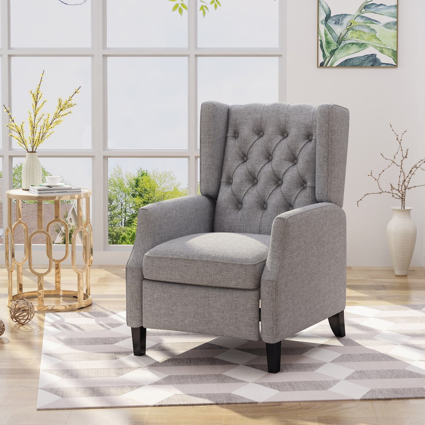Fauteuil inclinable à oreilles rembourré en tissu gris de style milieu du siècle avec repose-pieds et dossier capitonné