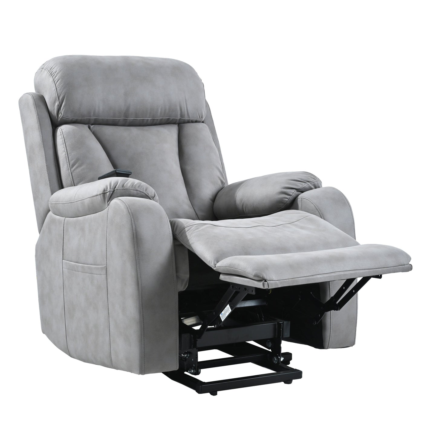 Fauteuil inclinable électrique en tissu gris pour personnes âgées, avec télécommande, coussin rembourré, poche latérale et cadre robuste.