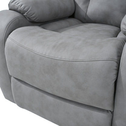 Fauteuil inclinable électrique en tissu gris pour personnes âgées, avec télécommande, coussin rembourré, poche latérale et cadre robuste.
