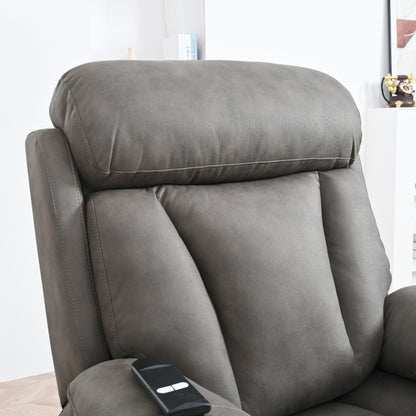 Fauteuil inclinable électrique en tissu gris pour personnes âgées, avec télécommande, coussin rembourré, poche latérale et cadre robuste.