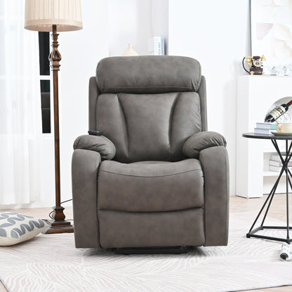 Fauteuil inclinable électrique en tissu gris pour personnes âgées, avec télécommande, coussin rembourré, poche latérale et cadre robuste.