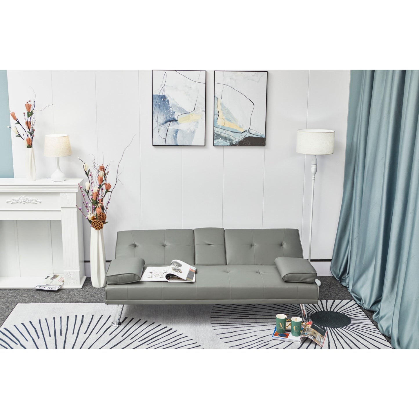 Canapé-lit causeuse en similicuir gris avec porte-gobelet