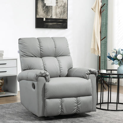 Fauteuil inclinable à bascule en similicuir gris avec dossier rembourré, base pivotante à 360°, inclinaison manuelle et repose-pieds intégré