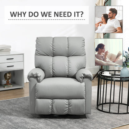 Fauteuil inclinable à bascule en similicuir gris avec dossier rembourré, base pivotante à 360°, inclinaison manuelle et repose-pieds intégré