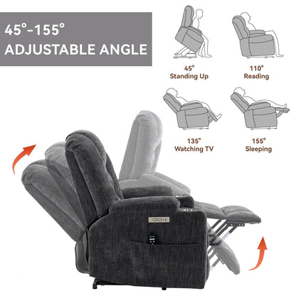 Fauteuil inclinable électrique gris de grande taille avec massage, chauffage, deux ports USB, chargeur de type C et porte-gobelets