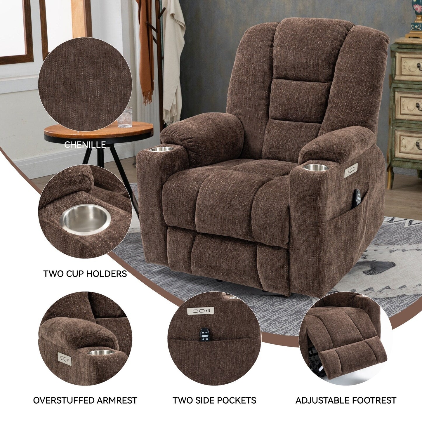 Fauteuil inclinable électrique gris de grande taille avec massage, chauffage, deux ports USB, port Type-C et porte-gobelets en acier