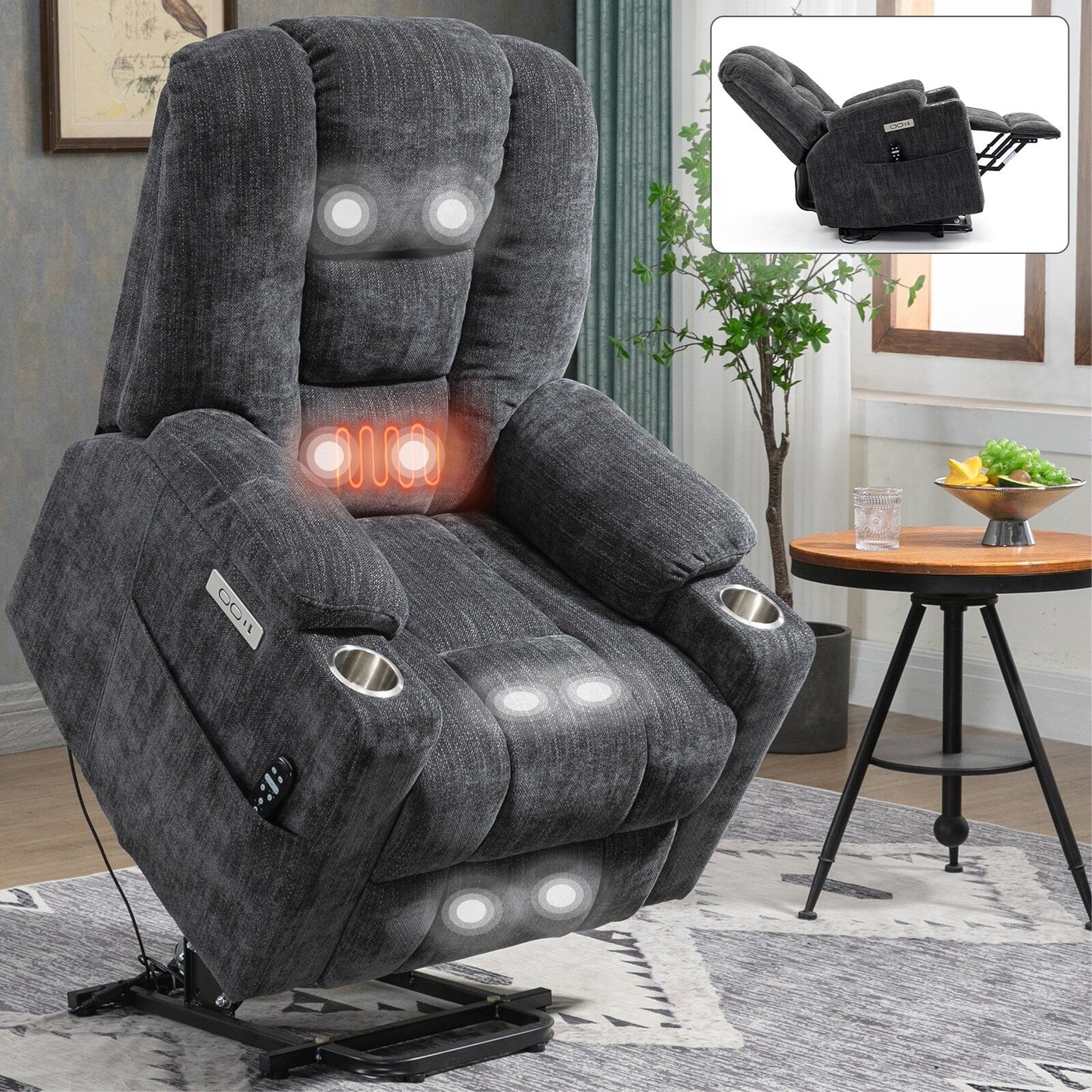 Fauteuil inclinable électrique gris de grande taille avec chauffage, port USB et porte-gobelets