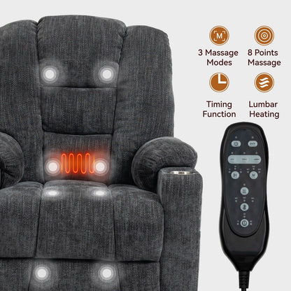 Fauteuil inclinable électrique gris de grande taille avec chauffage, port USB et porte-gobelets