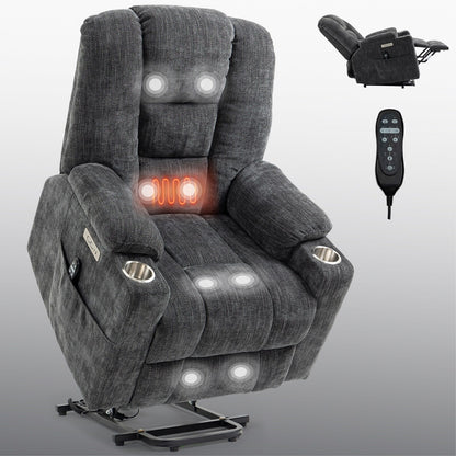 Fauteuil inclinable électrique gris de grande taille avec chauffage, port USB et porte-gobelets