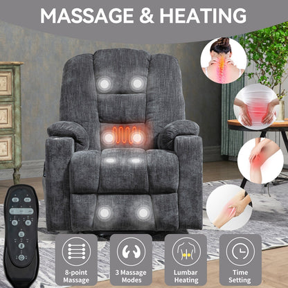 Fauteuil inclinable électrique gris de grande taille avec massage, chauffage, port USB et porte-gobelets