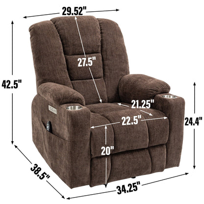 Fauteuil inclinable électrique gris de grande taille avec massage, chauffage, port USB et porte-gobelets