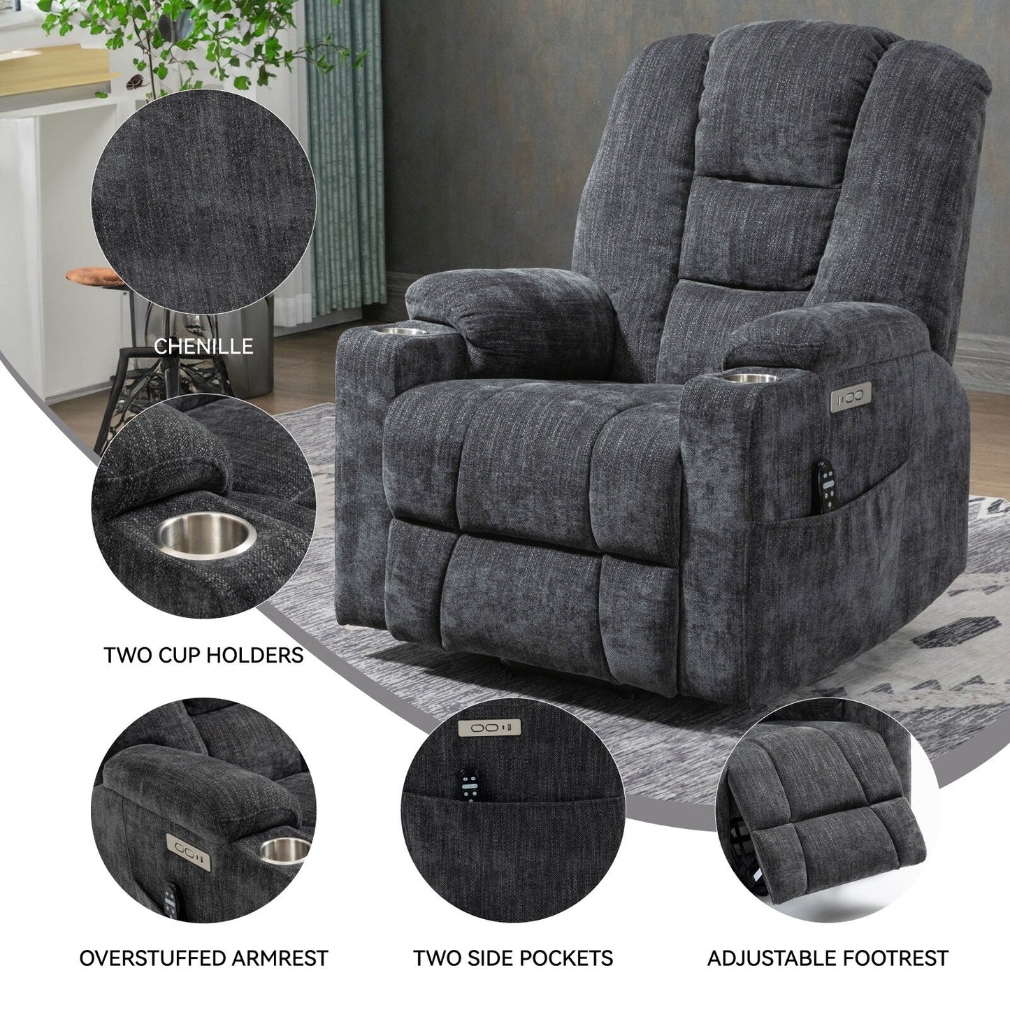 Fauteuil inclinable électrique gris de grande taille avec massage, chauffage, port USB et porte-gobelets