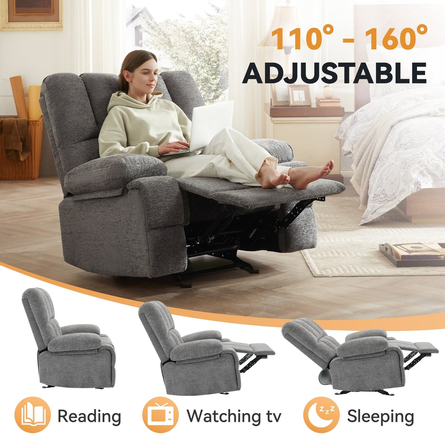 Grand fauteuil inclinable à bascule gris avec mouvement de bascule à 30° et inclinaison à 160°, supporte jusqu'à 350 lb