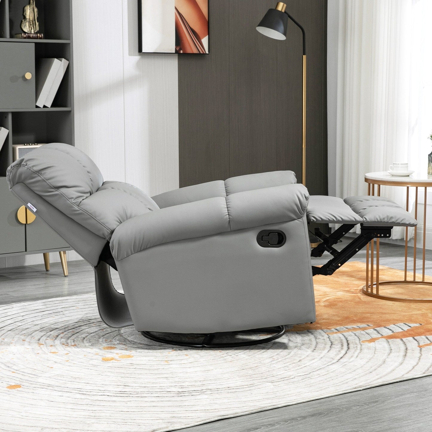 Fauteuil à bascule inclinable en cuir gris pivotant à 360°, confort généreux et repose-pieds, siège inclinable manuel pour salon