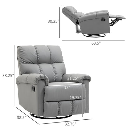 Fauteuil inclinable à bascule en cuir gris avec pivot à 360°, confort rembourré et repose-pieds, fonction d'inclinaison manuelle pour le salon