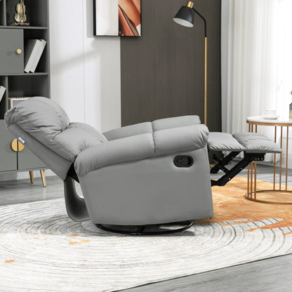 Fauteuil inclinable à bascule en cuir gris avec pivot, confort rembourré et repose-pieds