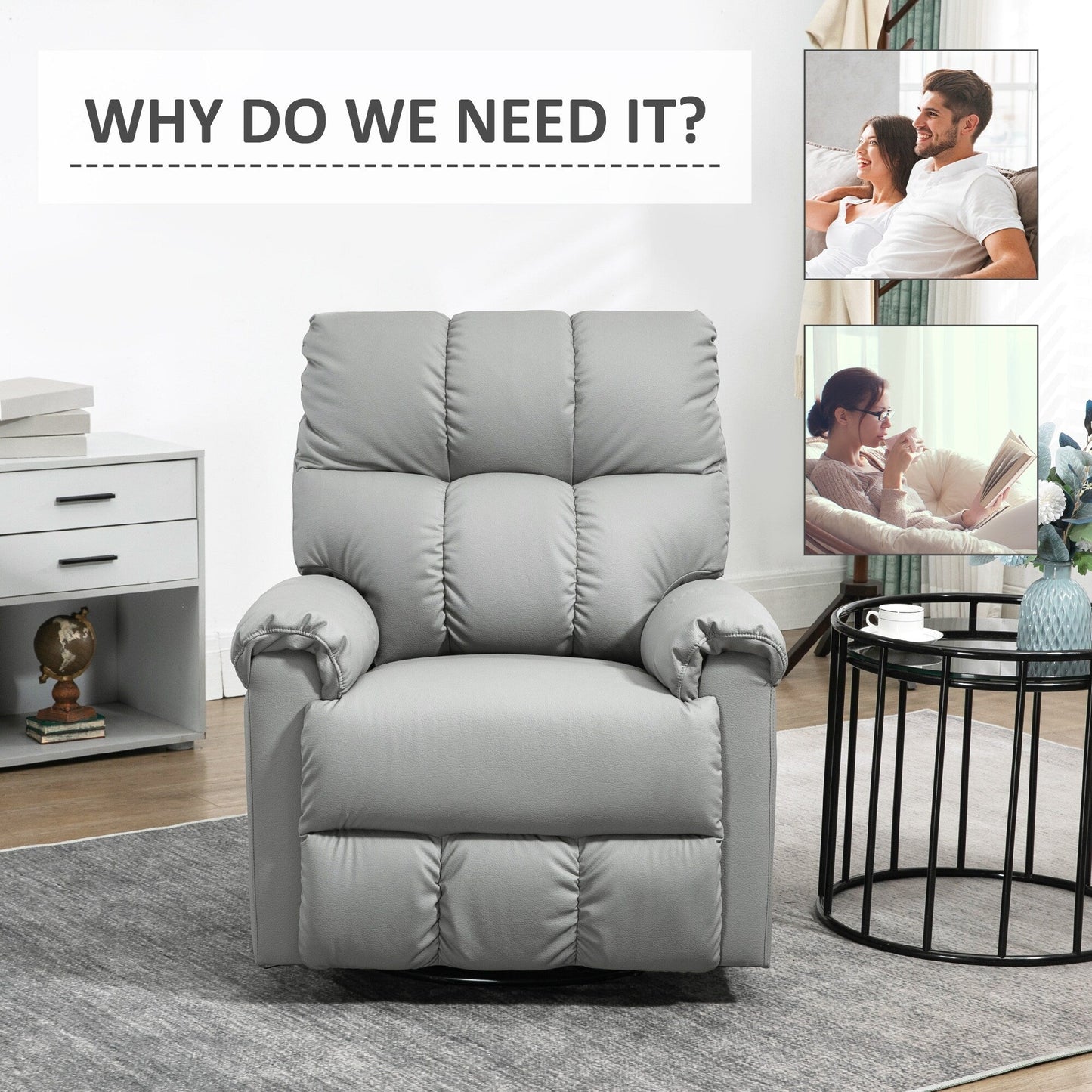 Fauteuil inclinable à bascule en cuir gris avec pivot, confort rembourré et repose-pieds