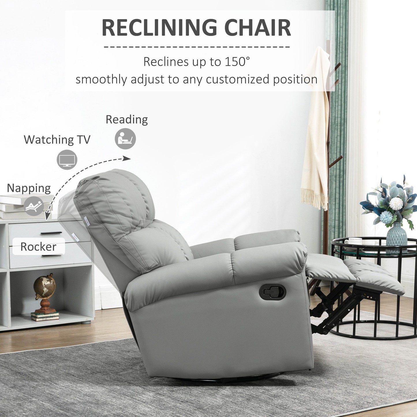 Fauteuil inclinable à bascule en cuir gris avec pivot à 360°, confort rembourré, repose-pieds et fonction d'inclinaison manuelle