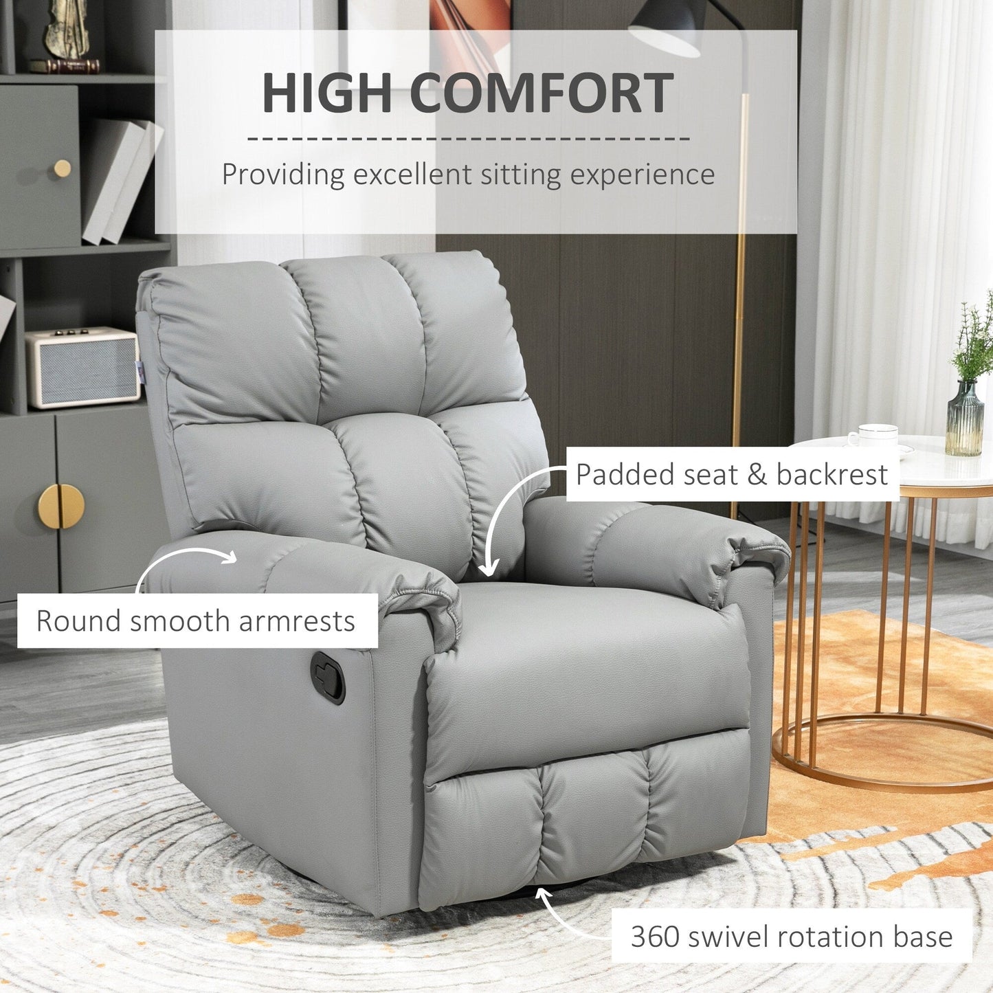 Fauteuil inclinable à bascule en cuir gris avec pivot à 360°, confort rembourré, repose-pieds et mécanisme d'inclinaison manuel