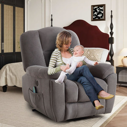 Fauteuil inclinable gris pour personnes âgées avec massage chauffant, port USB, poches latérales et revêtement en tissu résistant