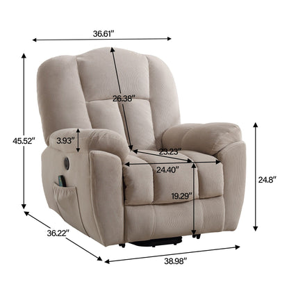 Fauteuil inclinable gris pour personnes âgées avec massage chauffant, port USB, poches latérales et revêtement en tissu résistant