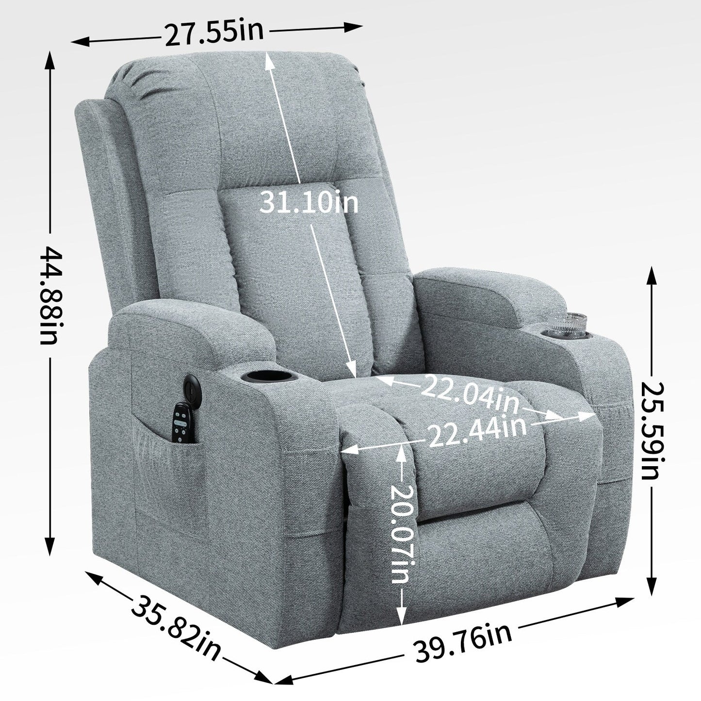 Fauteuil inclinable relevable gris pour personnes âgées avec massage et chauffage, chargement USB, porte-gobelets et angles d'inclinaison réglables