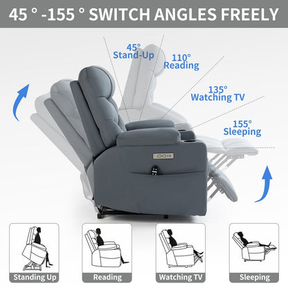 Fauteuil inclinable relevable gris avec moteur Okin, massage par vibrations à 8 points, chauffage lombaire, ports USB et Type-C, deux porte-gobelets