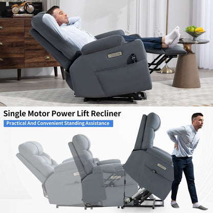 Fauteuil inclinable relevable gris avec moteur Okin, massage par vibrations à 8 points, chauffage lombaire, ports USB et Type-C et deux porte-gobelets
