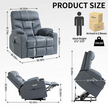 Fauteuil inclinable relevable gris avec moteur Okin, massage par vibrations à 8 points, chauffage lombaire, ports USB et Type-C et deux porte-gobelets
