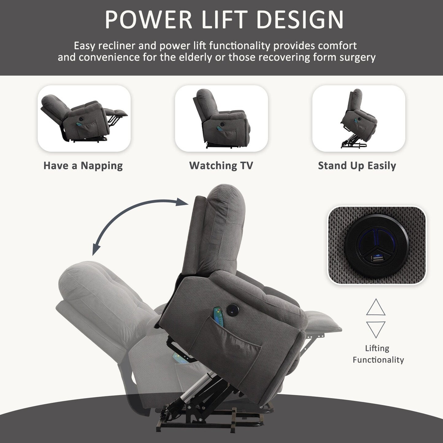 Fauteuil inclinable gris avec massage par vibrations, chauffage, port USB, porte-gobelets dissimulés et inclinaison réglable