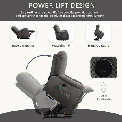 Fauteuil inclinable gris avec massage par vibrations, chauffage, port USB, porte-gobelets dissimulés et inclinaison réglable
