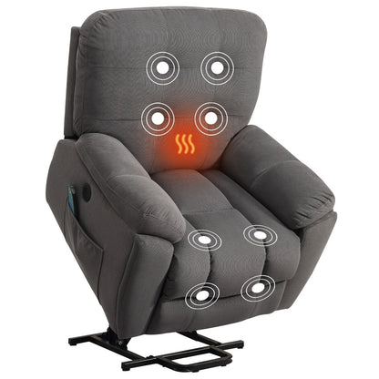 Fauteuil inclinable gris avec massage par vibrations, chauffage, port USB, porte-gobelets dissimulés et inclinaison réglable