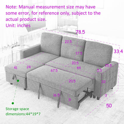 Canapé sectionnel en lin gris de 78,8 pouces avec méridienne réversible, compartiment de rangement et assise en mousse haute densité