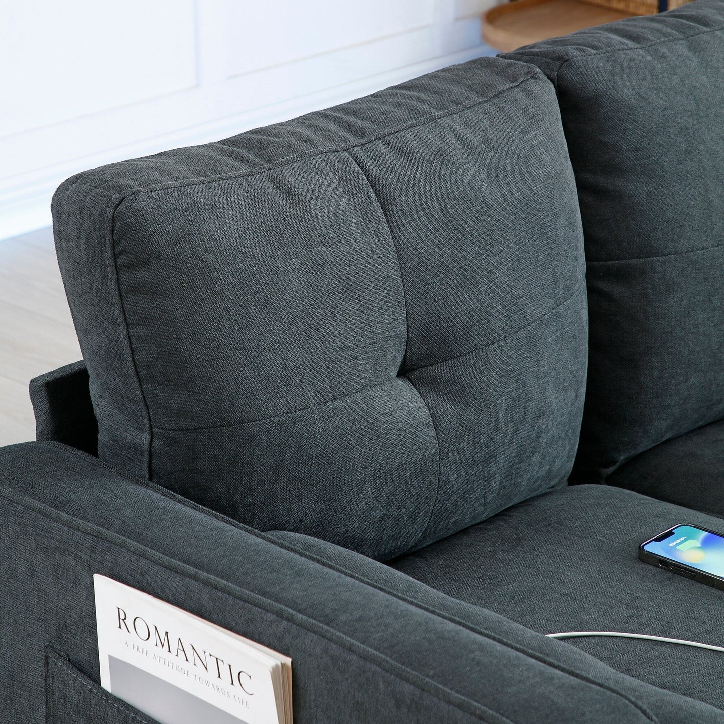 Canapé causeuse en lin gris avec lumières LED et ports USB