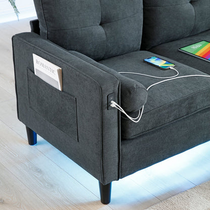 Canapé causeuse en lin gris avec lumières LED et ports USB