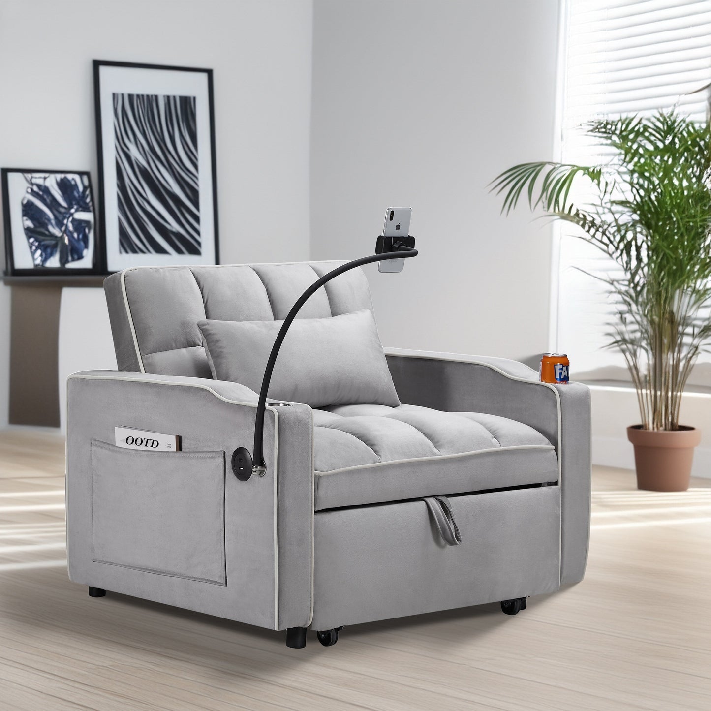 Canapé-lit convertible simple 3 en 1 en velours gris moderne 35,83 pouces avec dossier réglable et port de chargement USB pour le salon