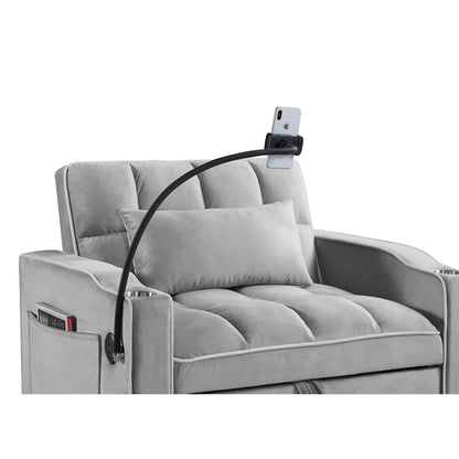 Canapé-lit convertible simple 3 en 1 en velours gris moderne 35,83 pouces avec dossier réglable et port de chargement USB pour le salon