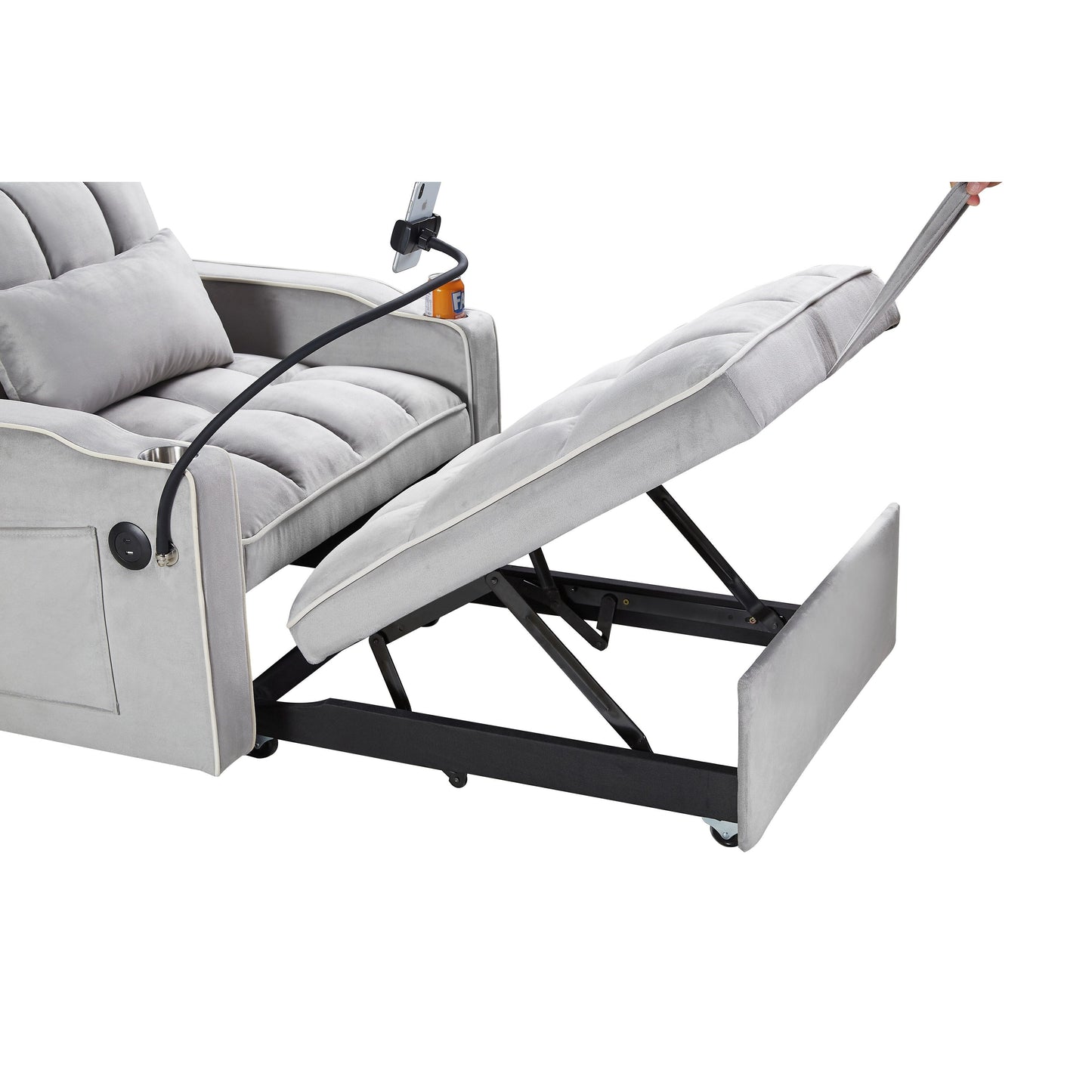 Canapé-lit convertible simple 3 en 1 en velours gris moderne 35,83 pouces avec dossier réglable et port de chargement USB pour le salon
