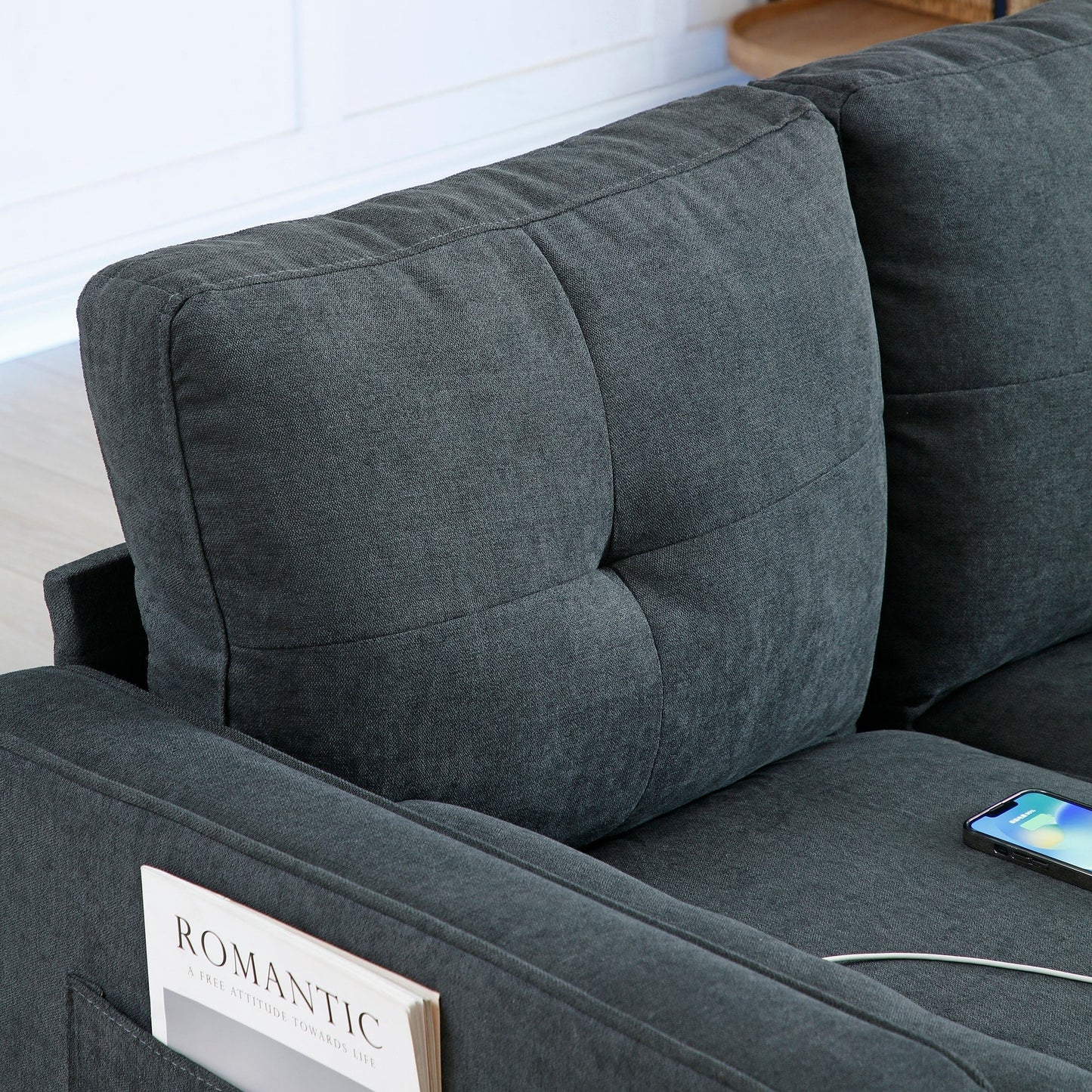 Canapé causeuse gris moderne en lin 57,87 $ avec lumières LED et 2 ports USB pour le salon