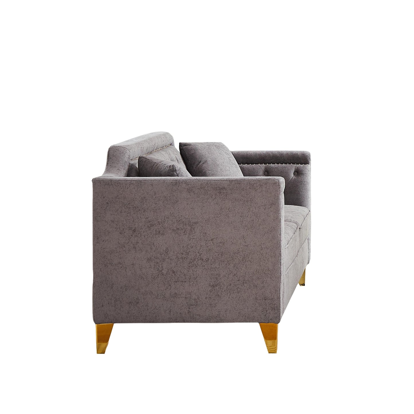 Canapé 3 places gris moderne capitonné en chenille de 61,5 pouces avec accoudoirs décorés de clous cuivrés et 2 coussins pour le salon