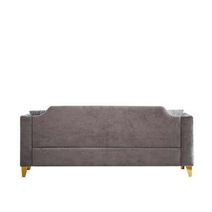 Canapé 3 places gris moderne capitonné en chenille de 61,5 pouces avec accoudoirs décorés de clous cuivrés et 2 coussins pour le salon