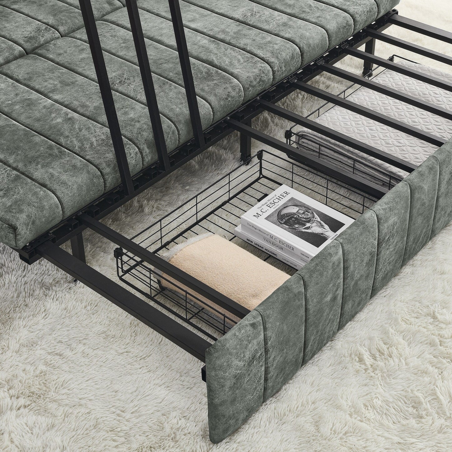 Canapé-lit gigogne 3 places 3 en 1 gris moderne 68 en mousse avec clous en cuivre et deux tiroirs