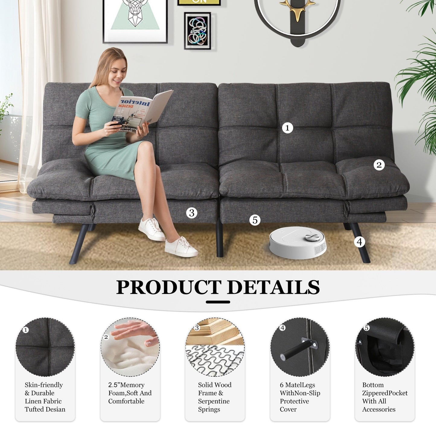 Canapé-lit convertible gris moderne de 71 places avec dossiers et accoudoirs réglables pour le salon