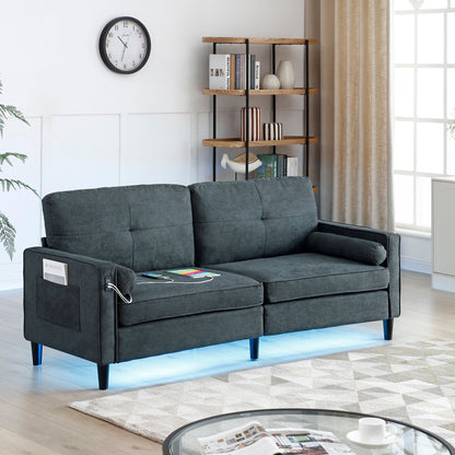 Canapé 3 places gris moderne en lin 75.2 avec éclairage LED et 2 ports USB pour le salon