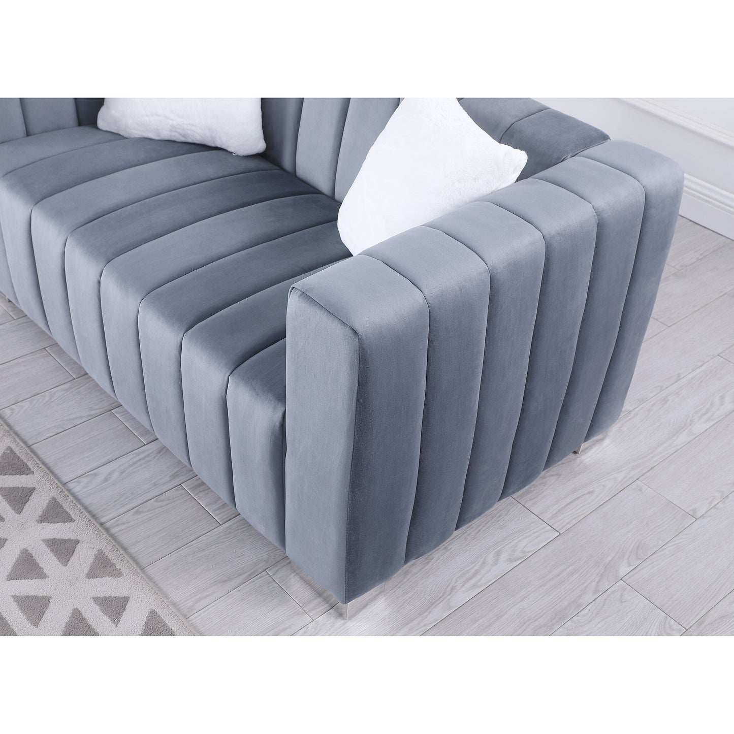 Canapé 3 places gris moderne en velours de 216 cm, avec 2 oreillers, coussins en mousse moelleux, canapé rembourré luxueux