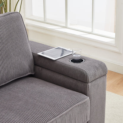 Canapé 3 places gris moderne en velours côtelé 86,5 avec deux espaces de rangement, ports de chargement USB et deux porte-gobelets