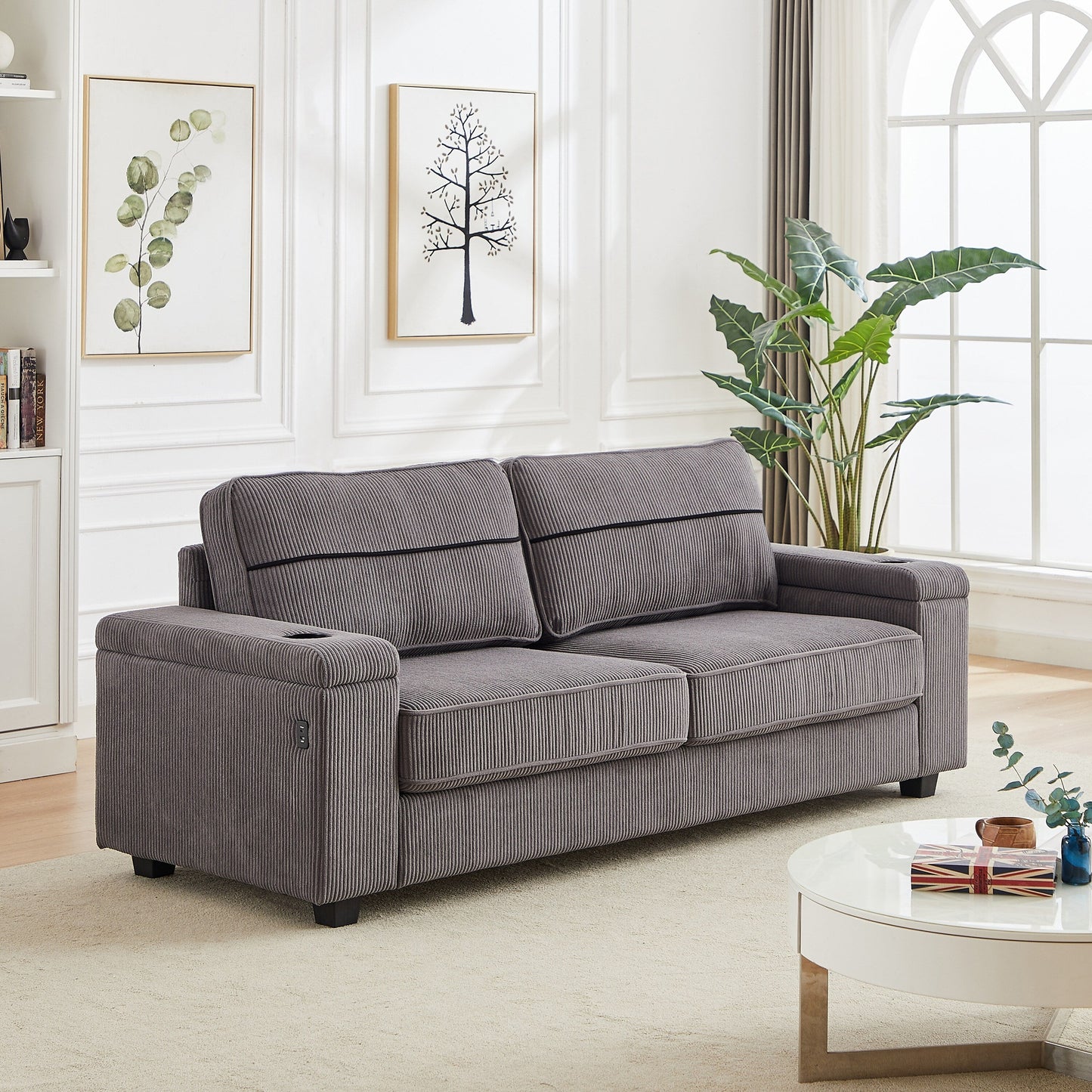 Canapé 3 places gris moderne en velours côtelé 86,5 avec deux espaces de rangement, ports de chargement USB et deux porte-gobelets