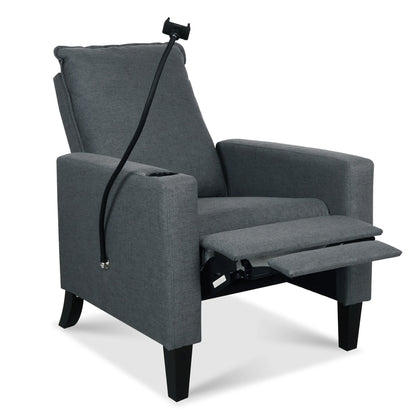 Fauteuil inclinable manuel moderne en tissu gris avec support pour téléphone portable, porte-gobelet et repose-pieds