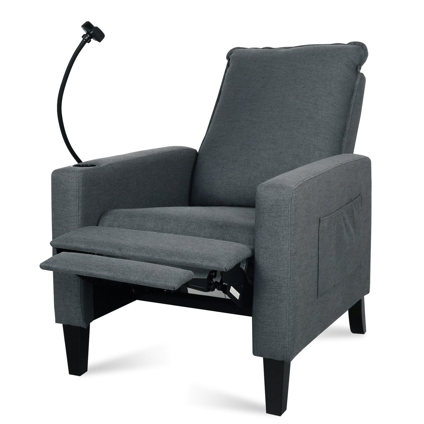 Fauteuil inclinable manuel moderne en tissu gris avec support pour téléphone portable, porte-gobelet et repose-pieds